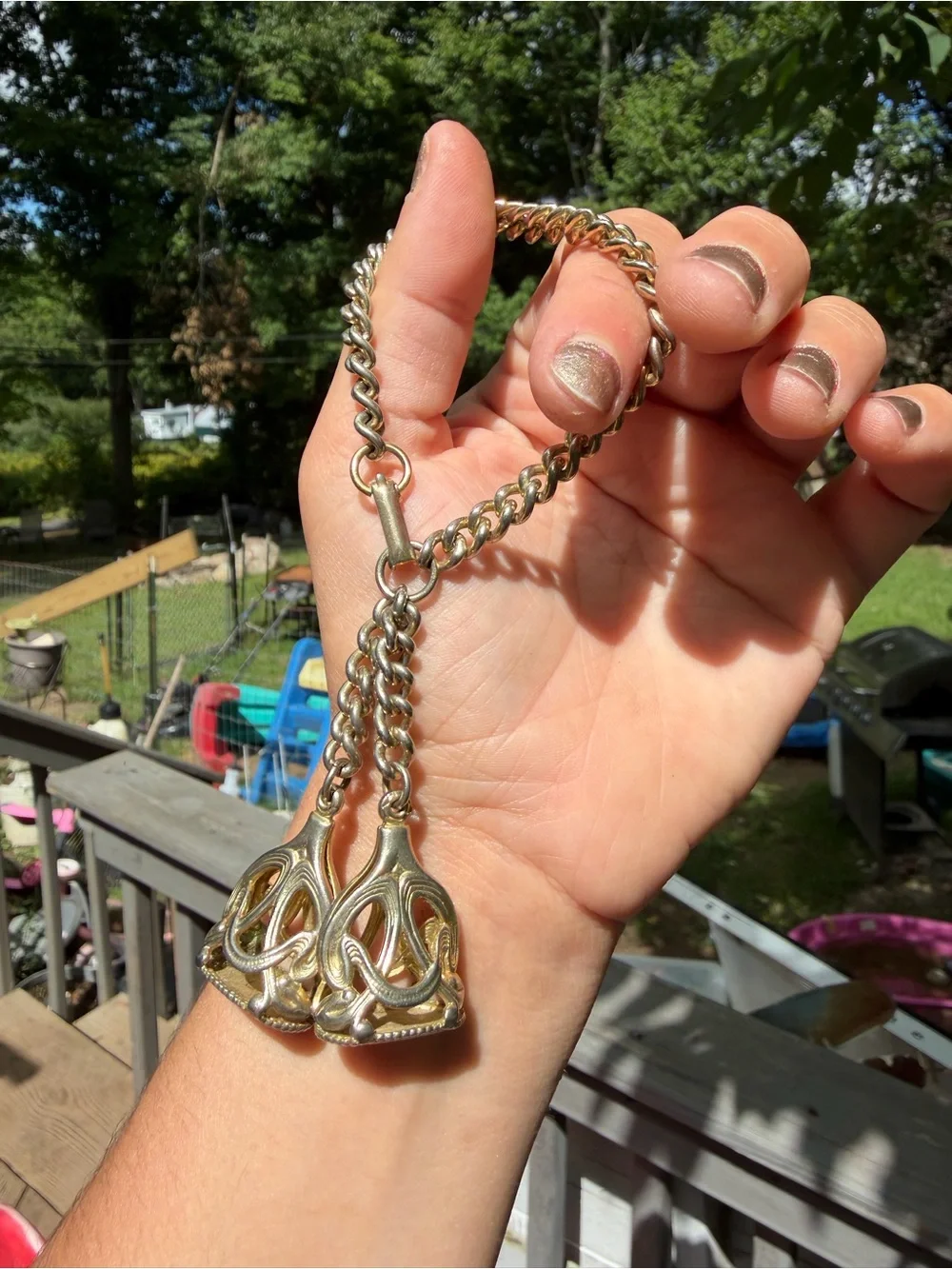 VTG 50s 60s Gold-Tone Double Tassel Watch Fob Chain Charm Bracelet (Napier?)